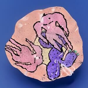 VTG Studio Art Pottery Abstract Pink MONSTERS Bowl 13” Modern 1980s Babat